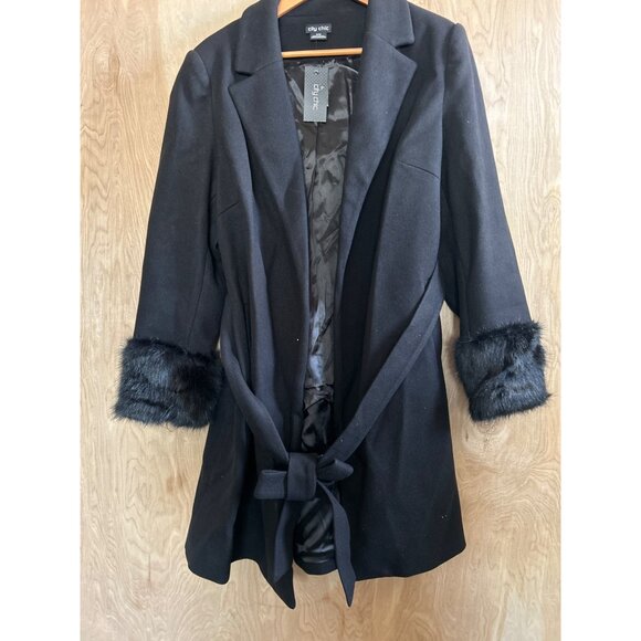 City Chic Black Coat Fluffe – Size 16 Faux Fur Cuff Belted Jacket NEW - Picture 3 of 16